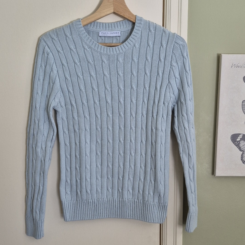 NWOT Light Blue Cotton Cable Sweater, S, U.K. Quiet Luxury Brand
